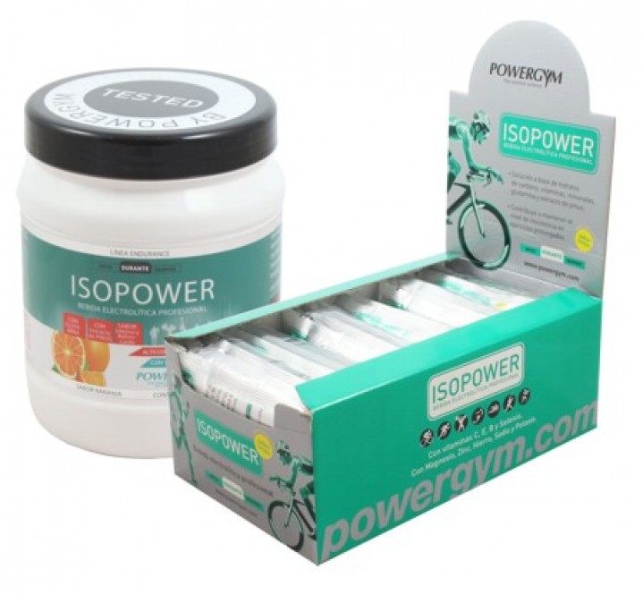 Bote pequeño y caja de sobres de Isopower, bebida isotónica profesional